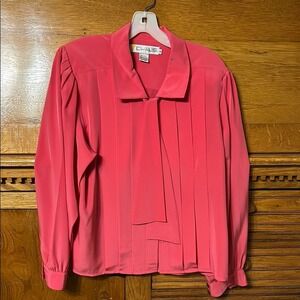Chaus Vintage 80s Pink Pleated Tie Neck Blouse Long Sleeve Button Cuff Size 12